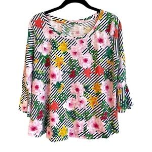 HANNAH, BRIGHT & COLORFUL TOP WITH 3/4 BELL SLEEVE, SIZE L